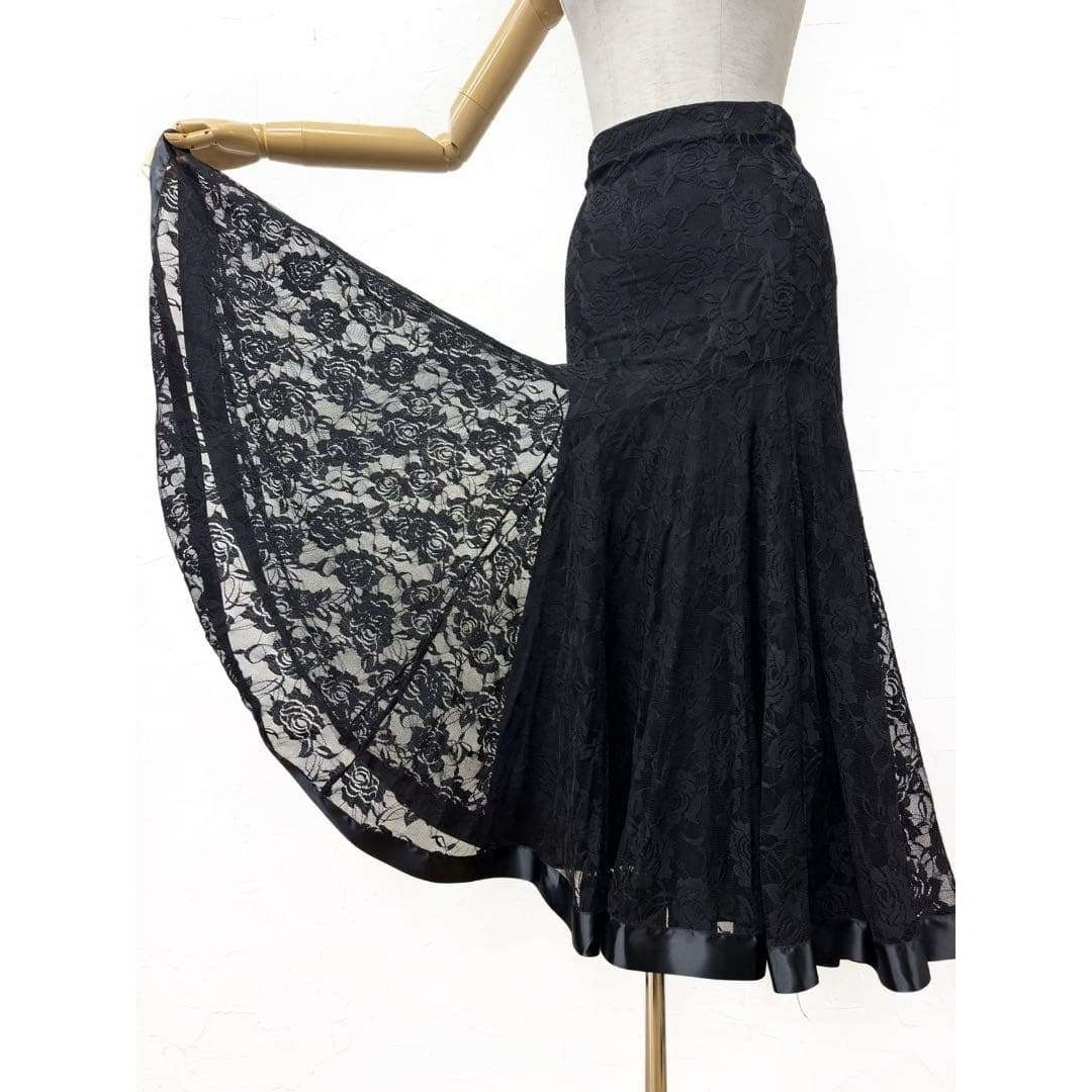 薔薇レース】新品 社交ダンス用裾サテンテープ 黒ロングスカートb234