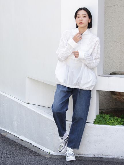 三つ編みゴールドリボン ドレープデニムテーパードストレートパンツ