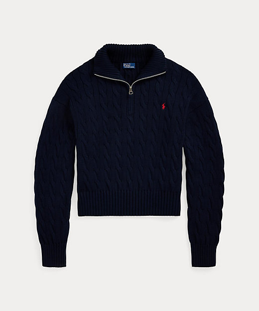 ケーブルニット コットン クォータージップ セーター