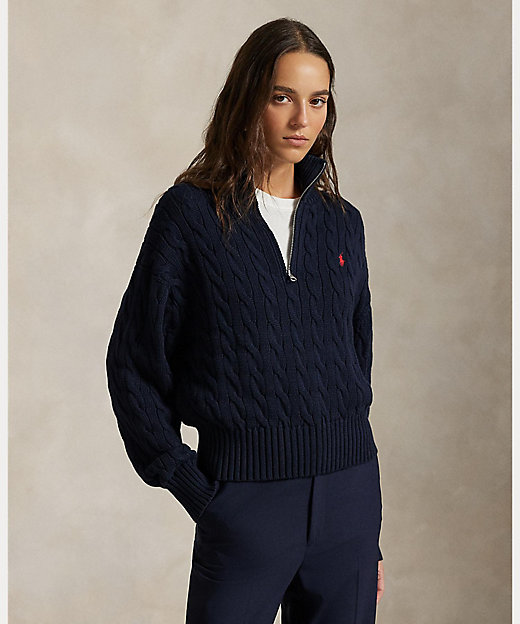 ケーブルニット コットン クォータージップ セーター