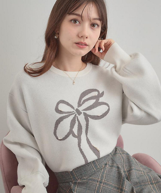 可愛く着映える・華やか】リボンジャカード ニットトップス