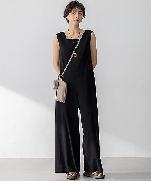 洗える】リネンレーヨンストレッチ スクエアネック オールインワン