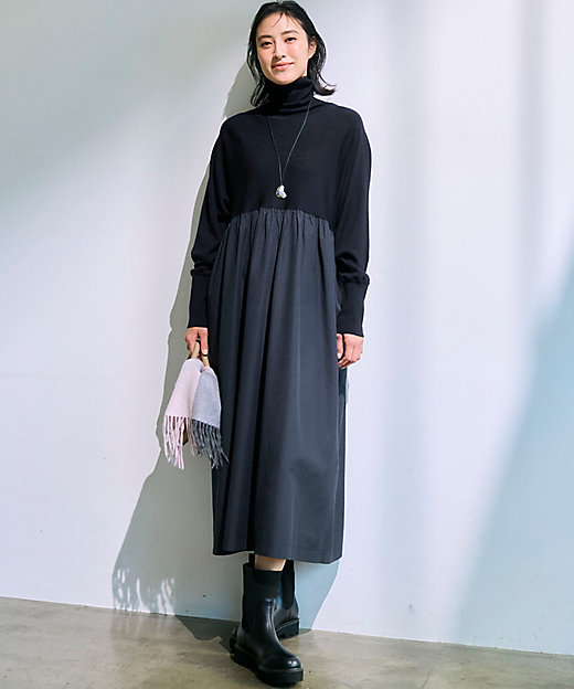 洗える】ギャザーコンビ ニットワンピース（OPWOGW0658