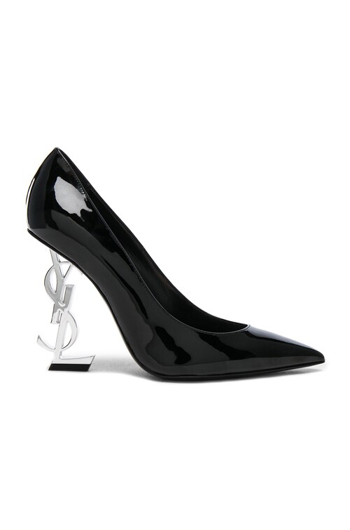 Saint Laurent Opium Patent Monogramme Heels in Black & Silver | FWRD