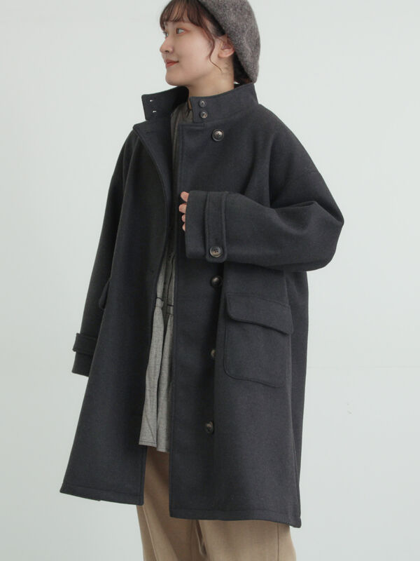 セール】 ウールライクスタンドネックコート（チャコールグレー/ピンク