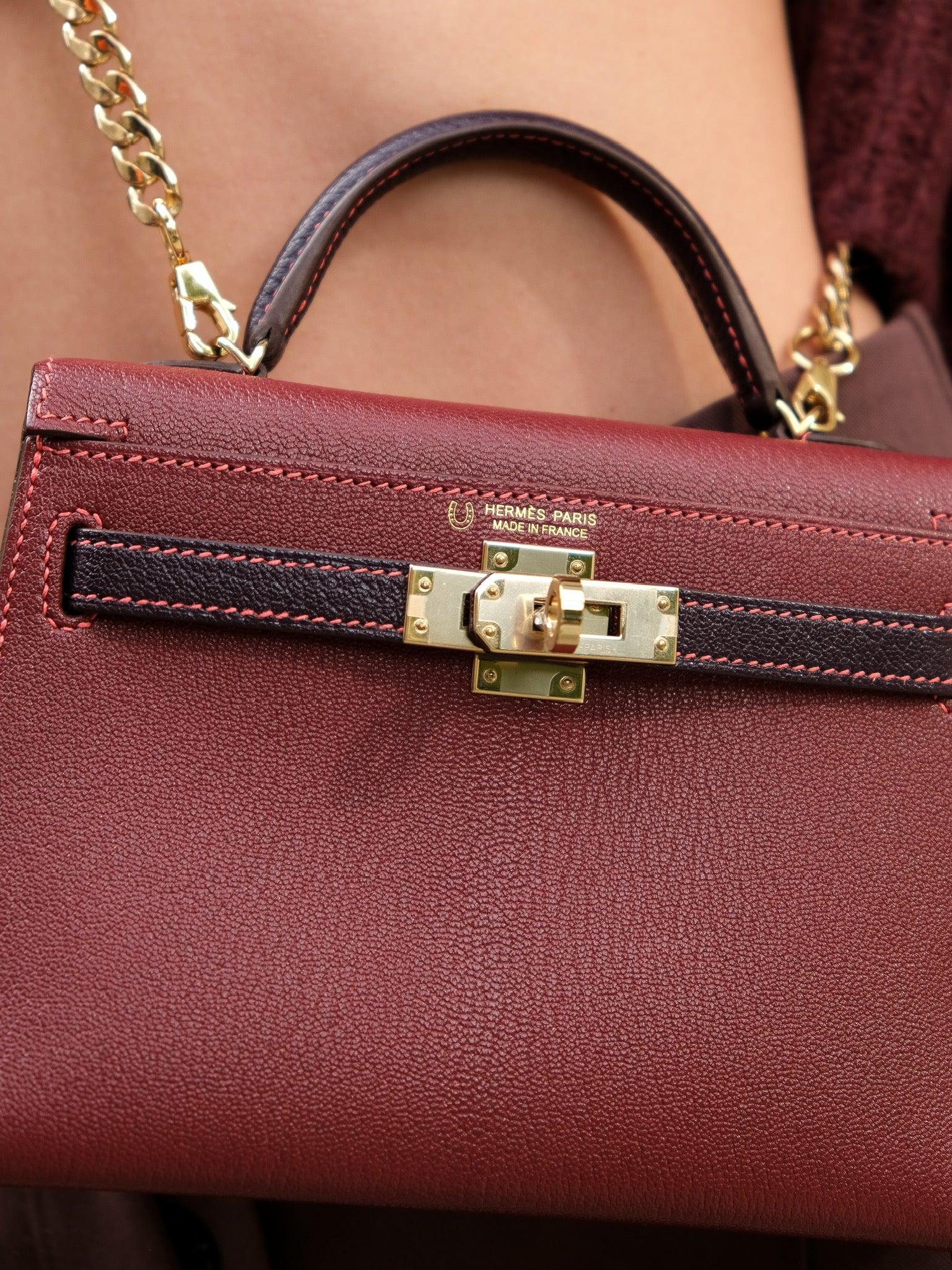 Hermès HSS Mini Kelly 20 Bordeaux and Raisin Chevre Gold Hardware