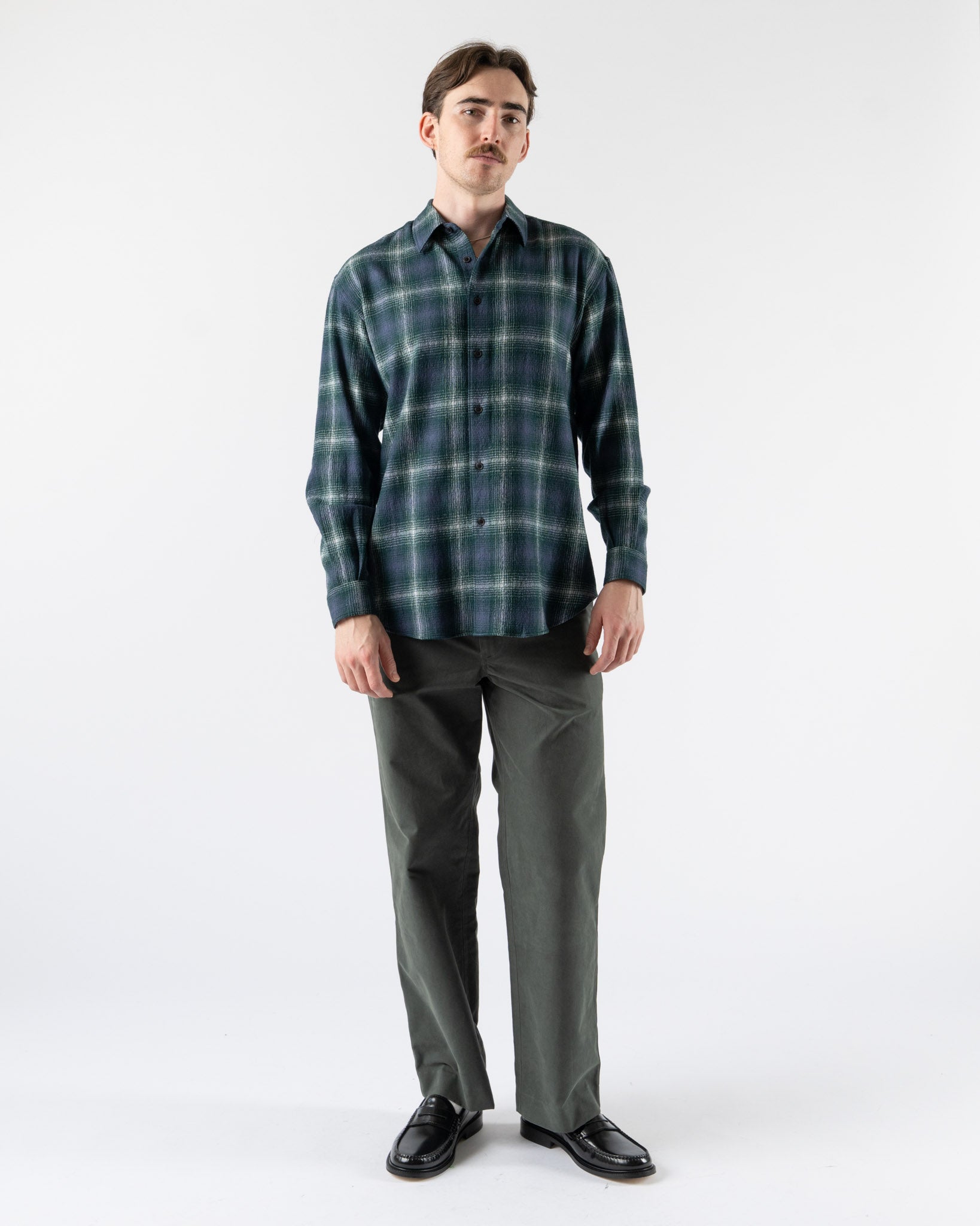 Auralee Airy Wool Check Shirt in Forest Green x Navy Curated at
