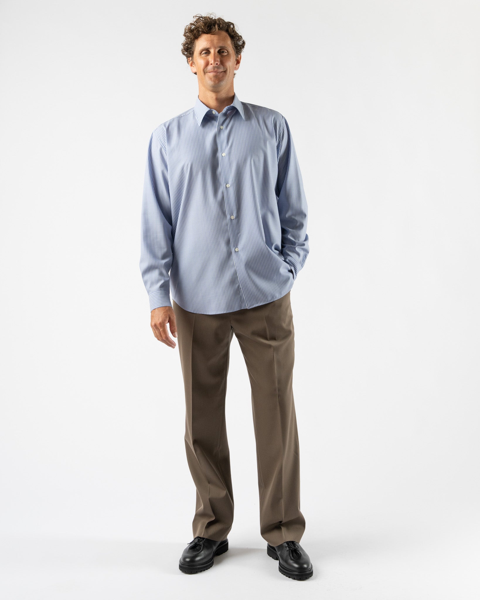 Auralee Super Fine Wool Striped Shirt in Sax Blue Stripe Curated