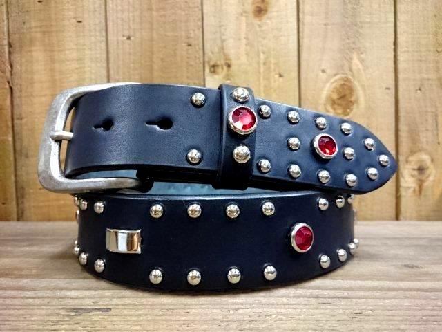 栃木レザー ピーナッツ型 真鍮スタッズベルト 黒 40mm幅 日本製 真鍮製