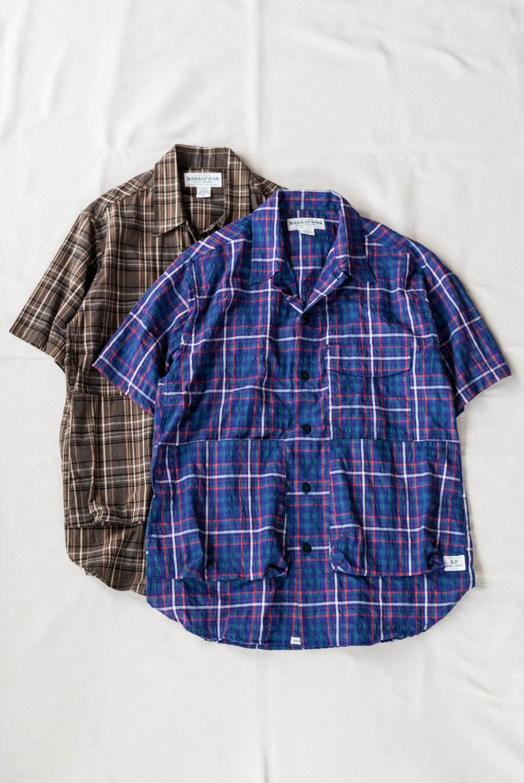 SASSAFRAS Digs Crew Half 1/2 C/P Ripple Check Blue(Purple) | kado