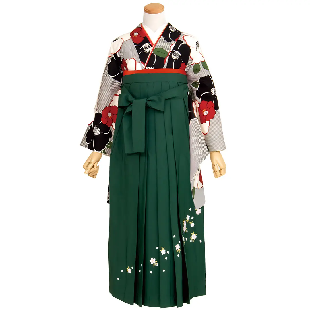 白地に黒の万筋に椿・緑袴（刺繍） （二尺袖）／卒業式* | 宅配着物