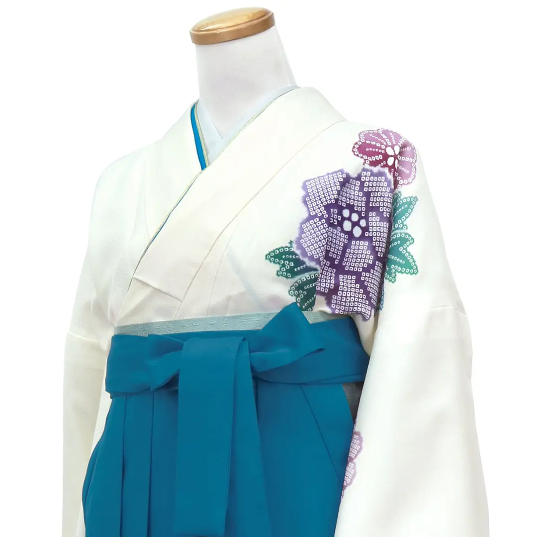 白地に疋田牡丹・青袴（無地） （二尺袖）／卒業式 | 宅配着物レンタル