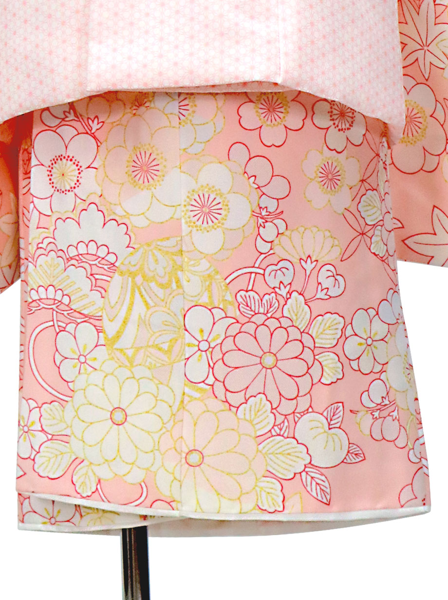 ベビーピンク地に七宝と四季花、ピンクの被布コートセット／七五三・三