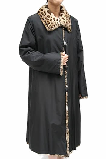 レオパードキャット シルク リバーシブル 毛皮コート ブラック ヒョウ