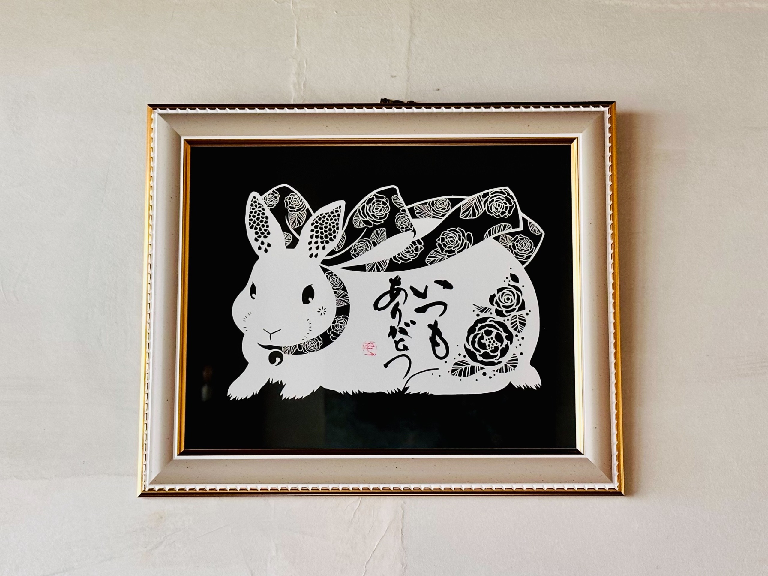 約P10号】float 原画 黒いウサギと手の油彩画 約P10号】float 原画