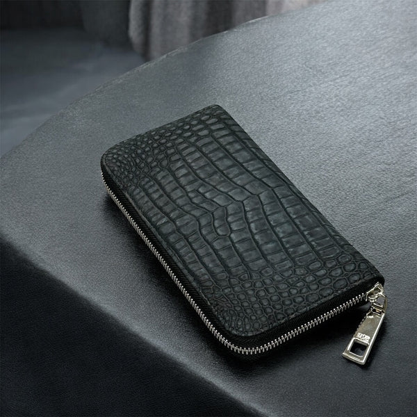 クロコダイル長財布(ヌバック仕上げ) ラウンドファスナー 本革 黒