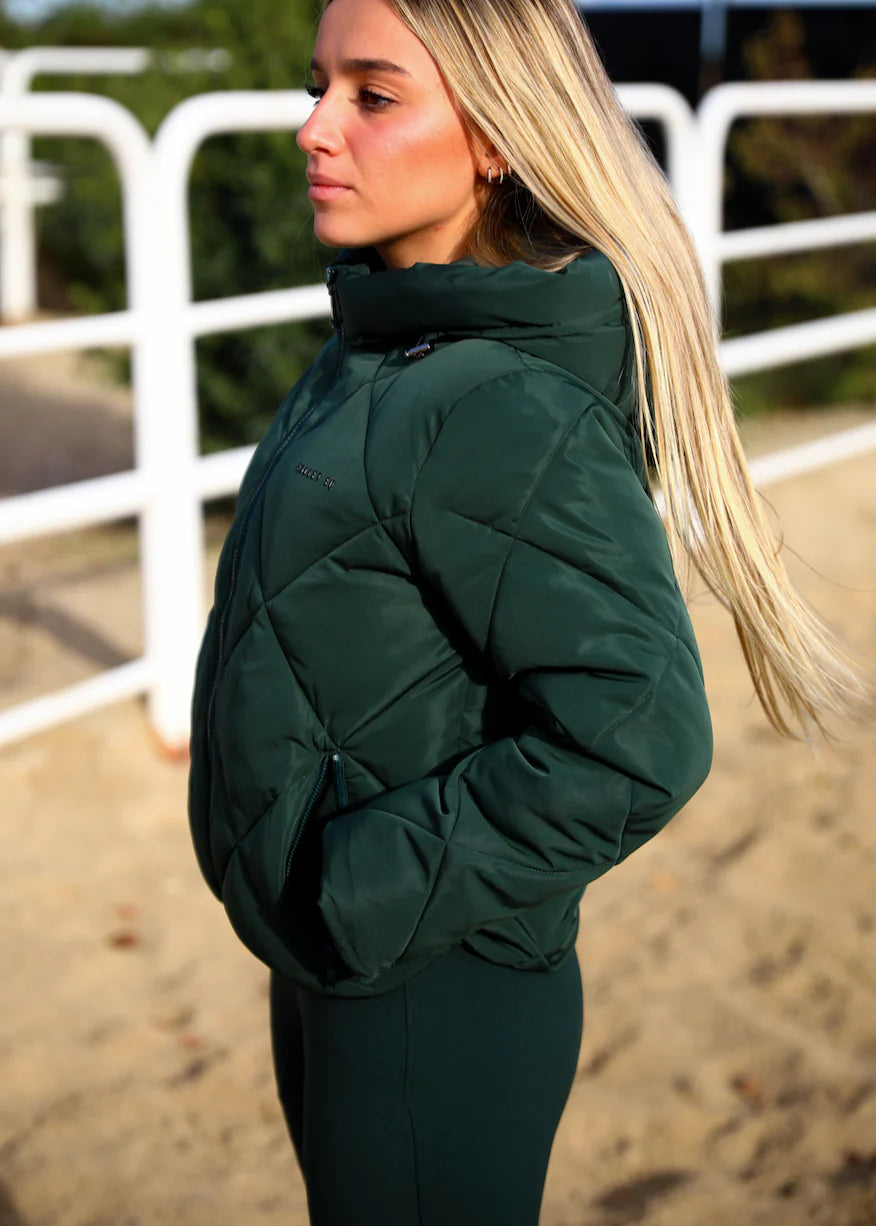 シャインキルティングダウンジャケット ダークグリーン フード付き