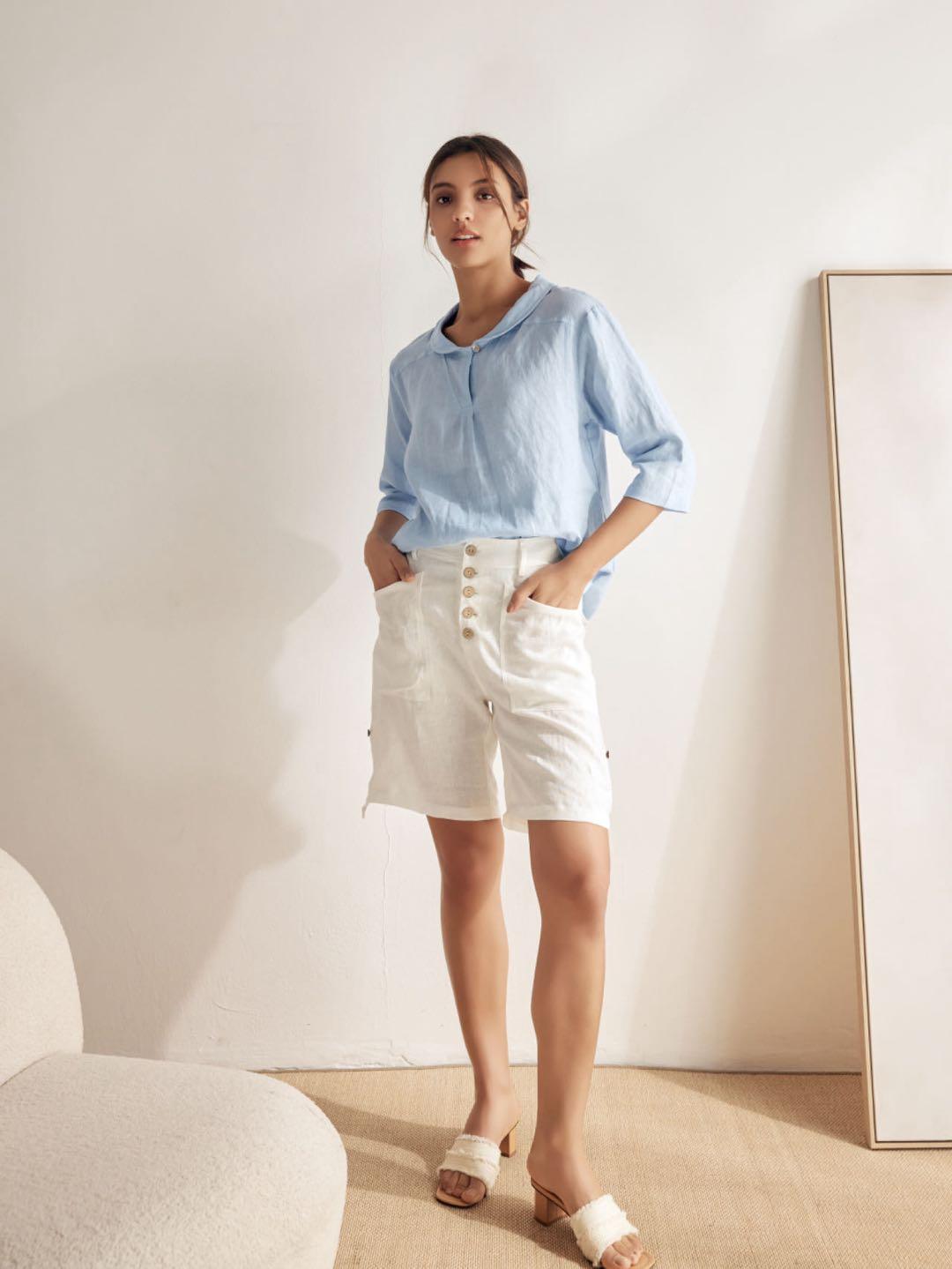 100% Linen Shawl V-Neck Half Sleeve Top JADE – LINTICO