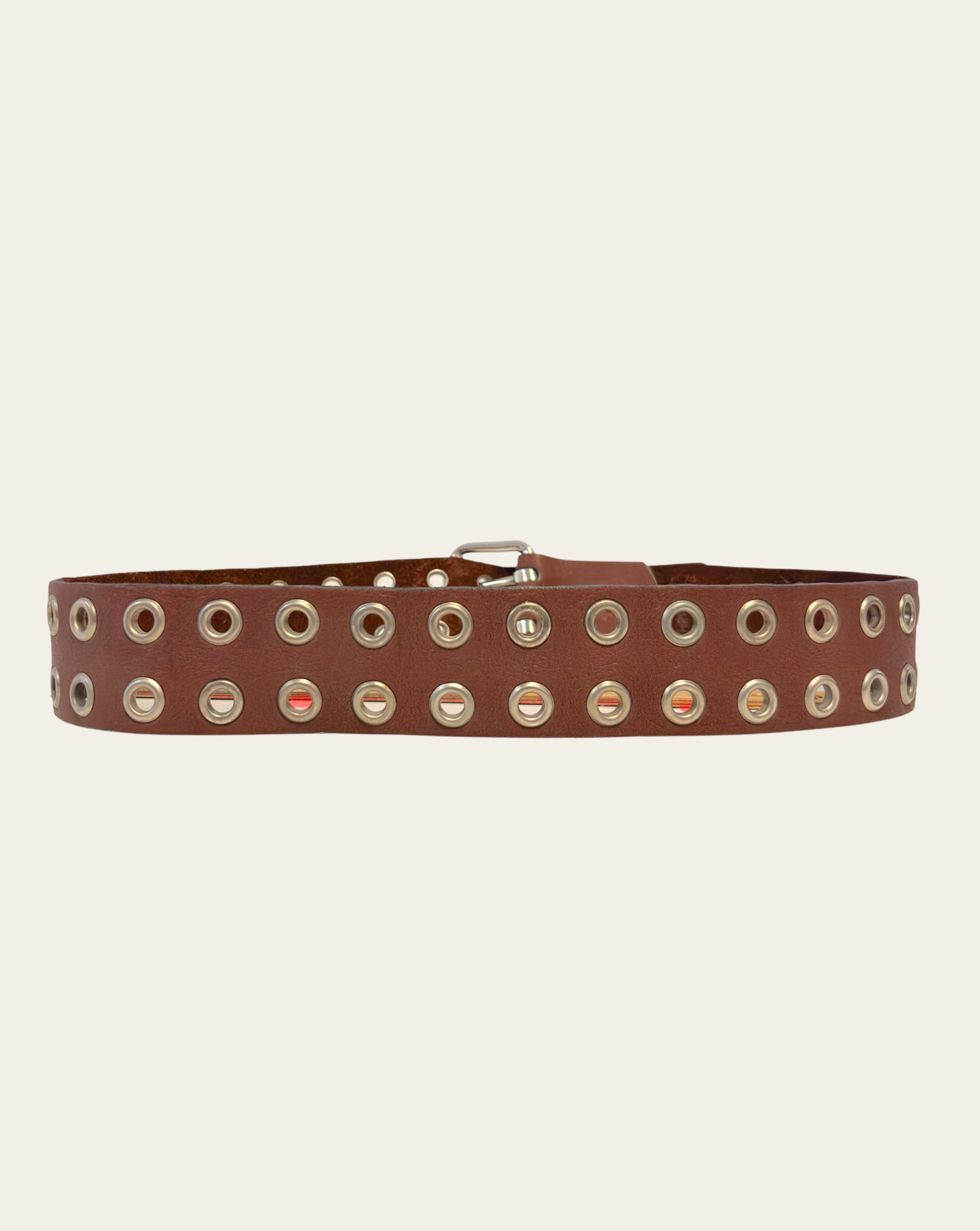Light Brown Leather Belt with Double Holes and Nickel Grommets