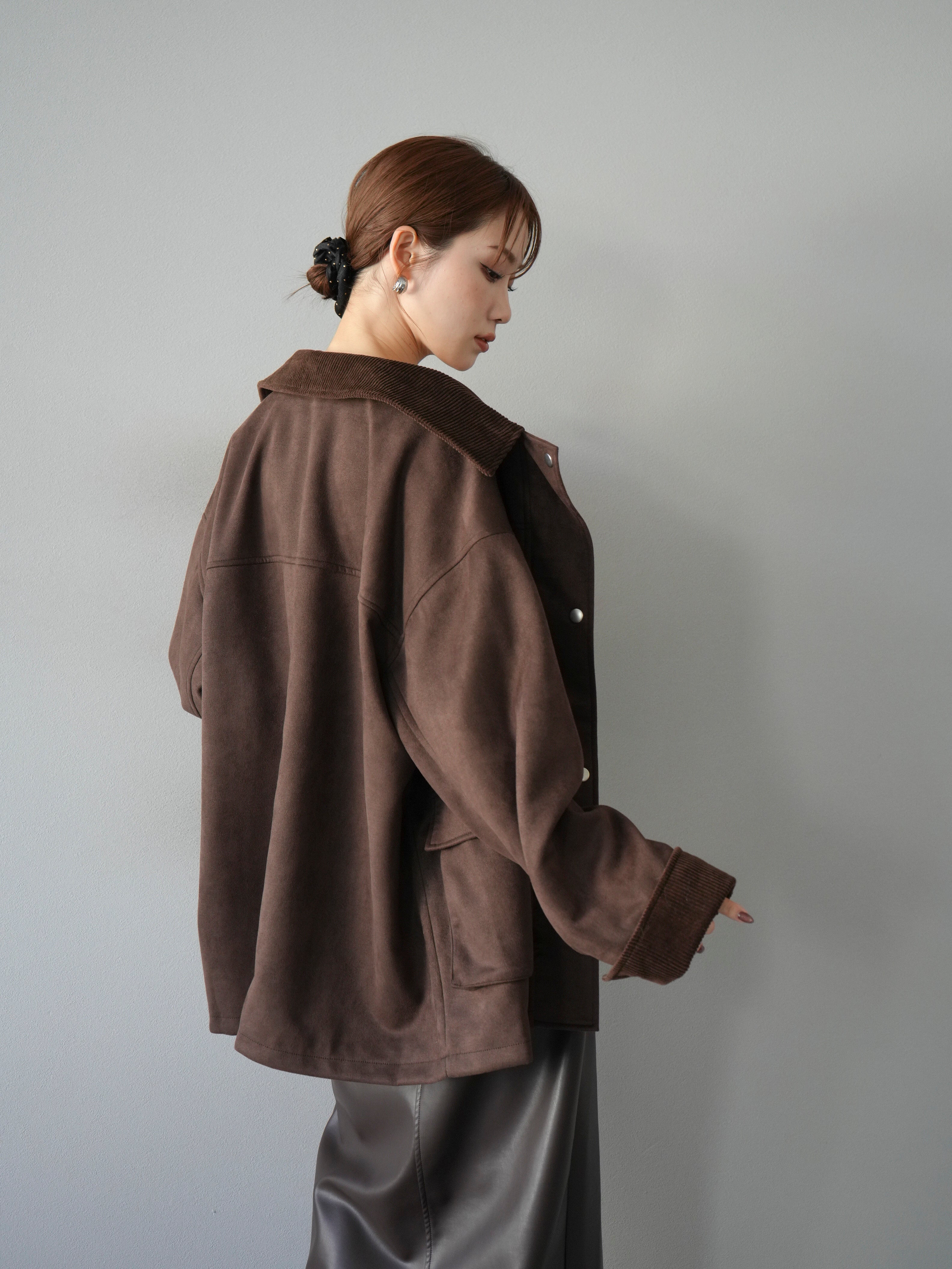 予約]コーデュロイ襟スウェードミドルジャケット /ブラウン – Lumier