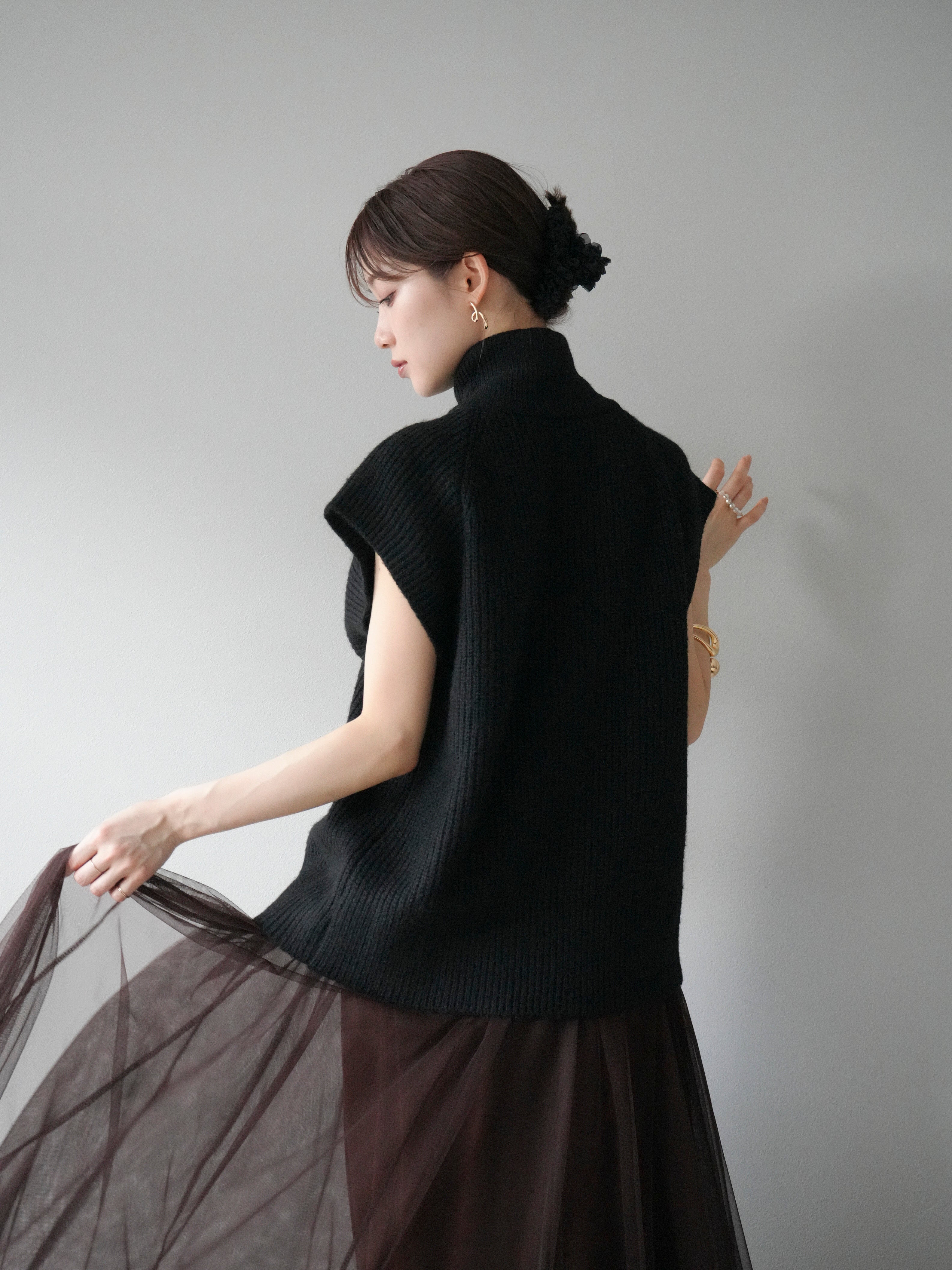 予約]ダブルZIPハイネック畦編みニットベスト/ブラック – Lumier