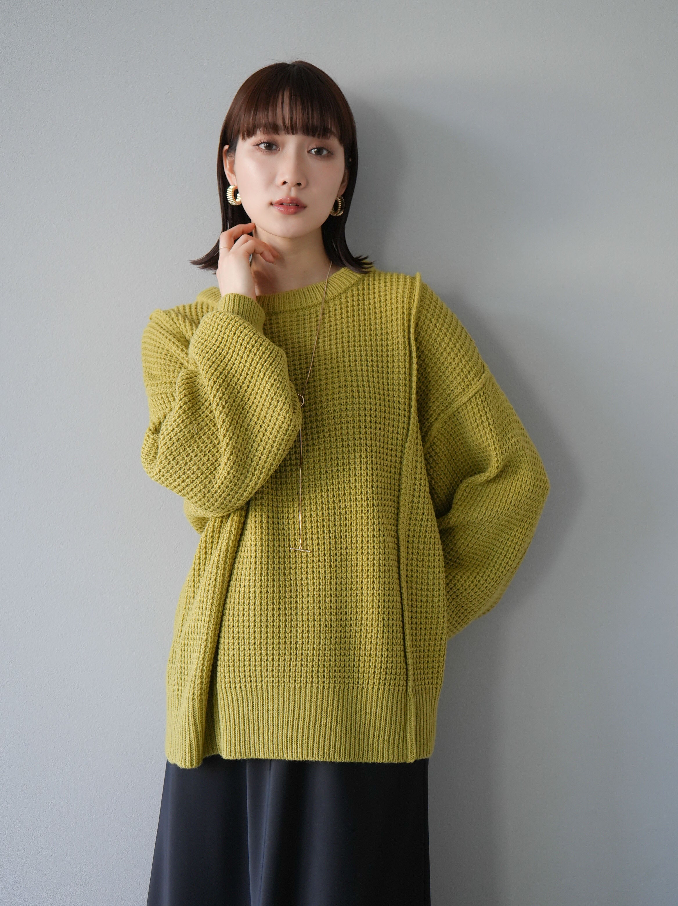予約]ワッフル編みクルーネックニットプルオーバー/ライム – Lumier