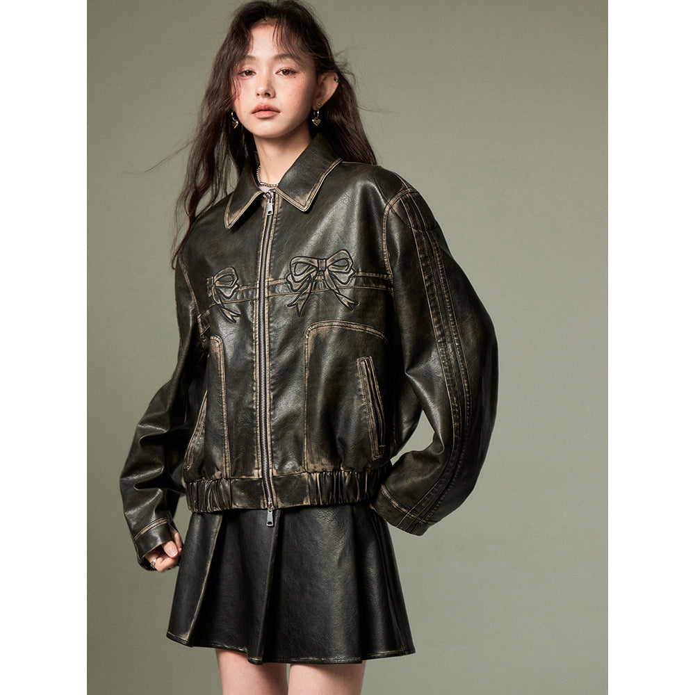 Retro Leather Jacket with Ribbon – ManusMachina