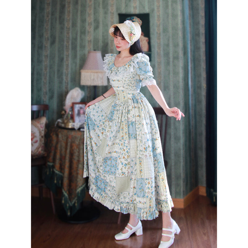 花群集と格子柄のパッチワークレトロワンピース – ManusMachina