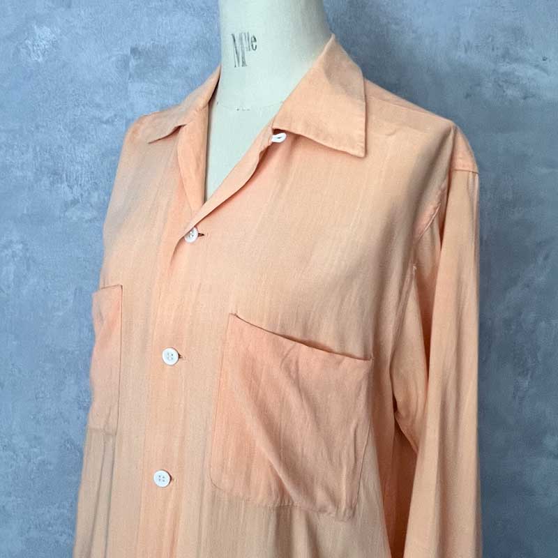 60'S DONEGAL Open Collar Long Sleeve Rayon Shirts SALMON PINK/L 60
