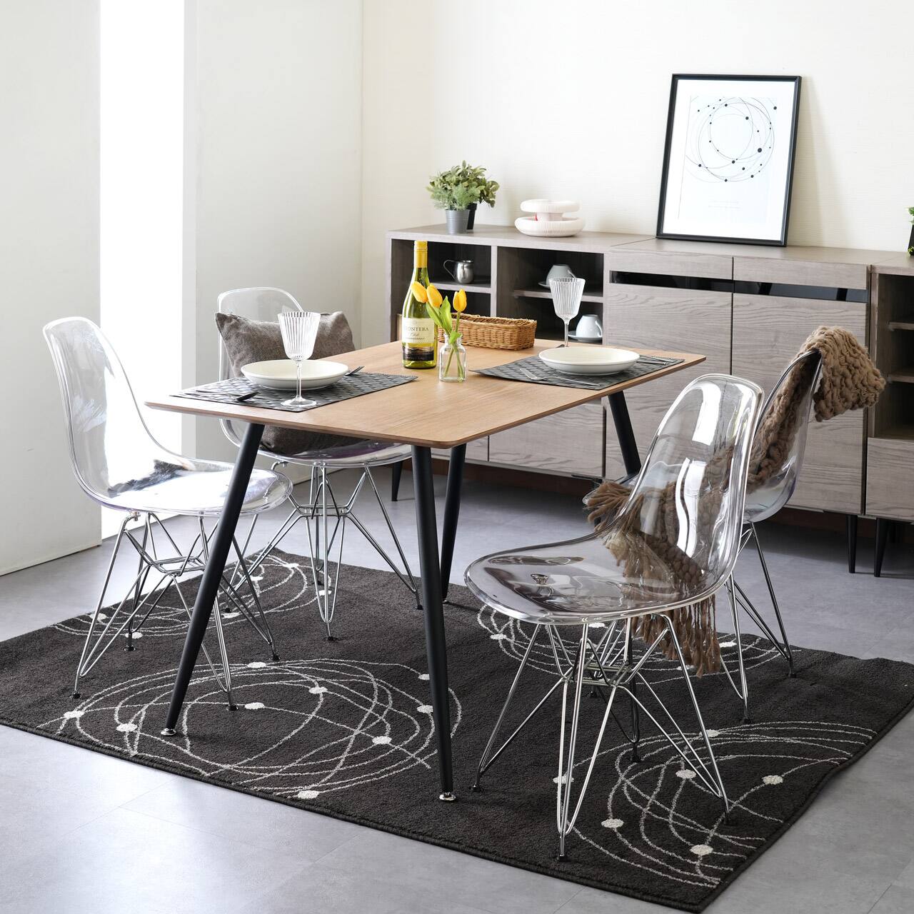 ダイニングセット テーブル 幅120 + クリアチェア 4脚｜ベッド