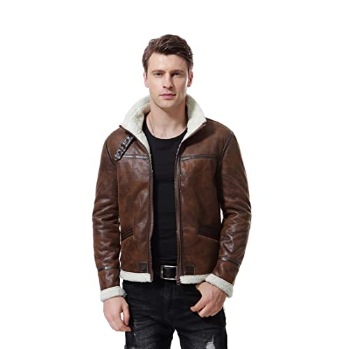 AOWOFS Men's Leather Jackets Aviator Bomber Jacket Men Brown