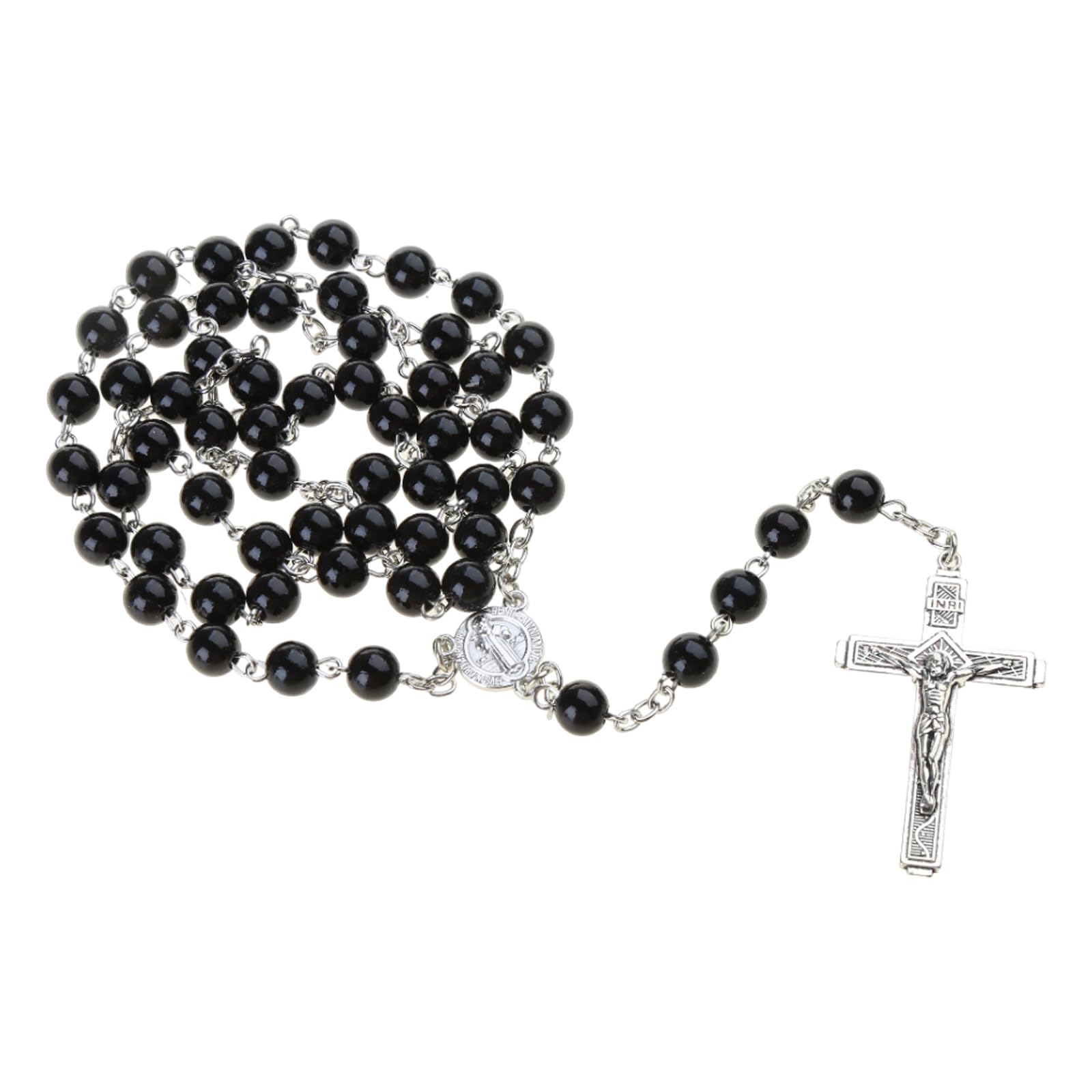 Amazon.co.jp: 黒ビーズロザリオカトリックネックレス金属用クロス