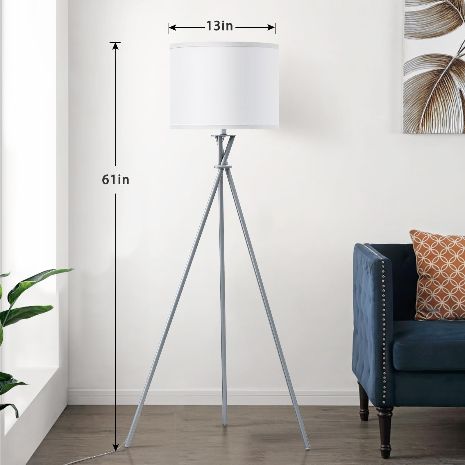 Tripod Floor Lamp Silver, 61”Tall Floor Lamps, Standing Lamp with