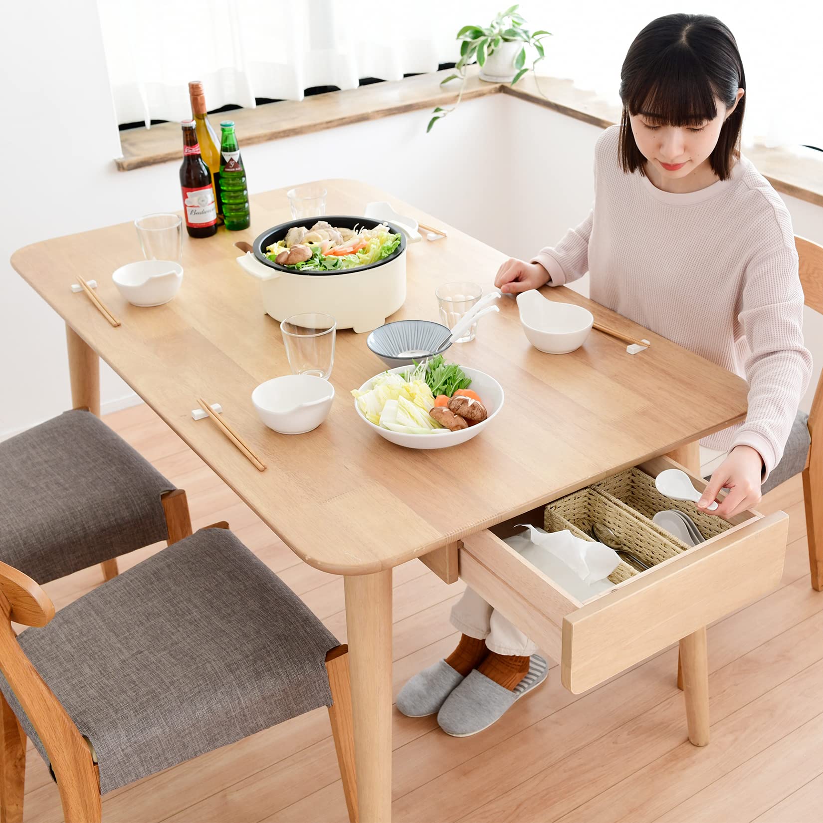 Amazon｜山善(YAMAZEN) ダイニングテーブル 引き出し付き ケーブル通し