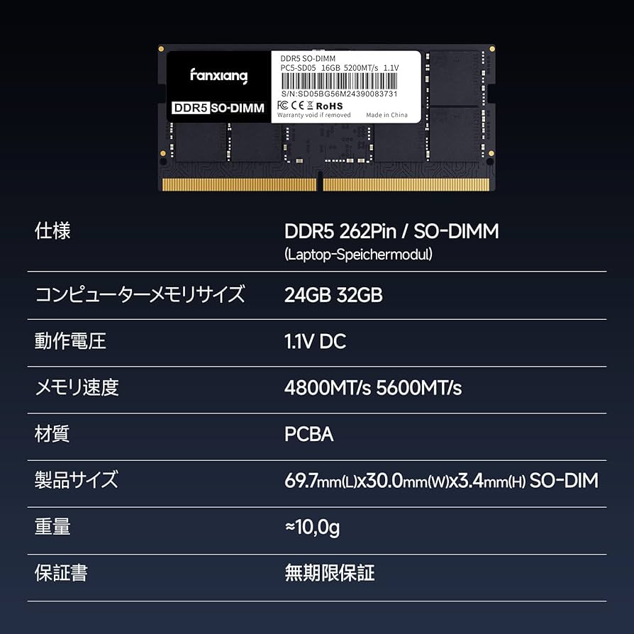 Amazon.co.jp: Fanxiang DDR5 64GB(2x32GB)4800MHz RAM ノートPC用