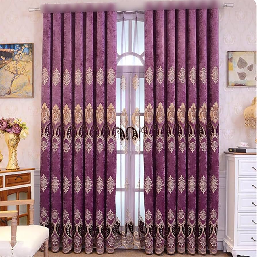 Amazon｜エレガント ヨーロッパの遮光カーテン刺繍 花柄 パープル