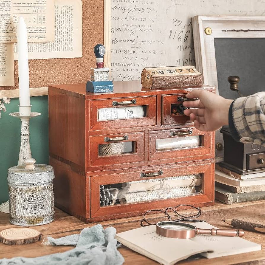 Amazon.co.jp: 卓上収納ボックス 引き出し 小物収納 アンティーク 木製