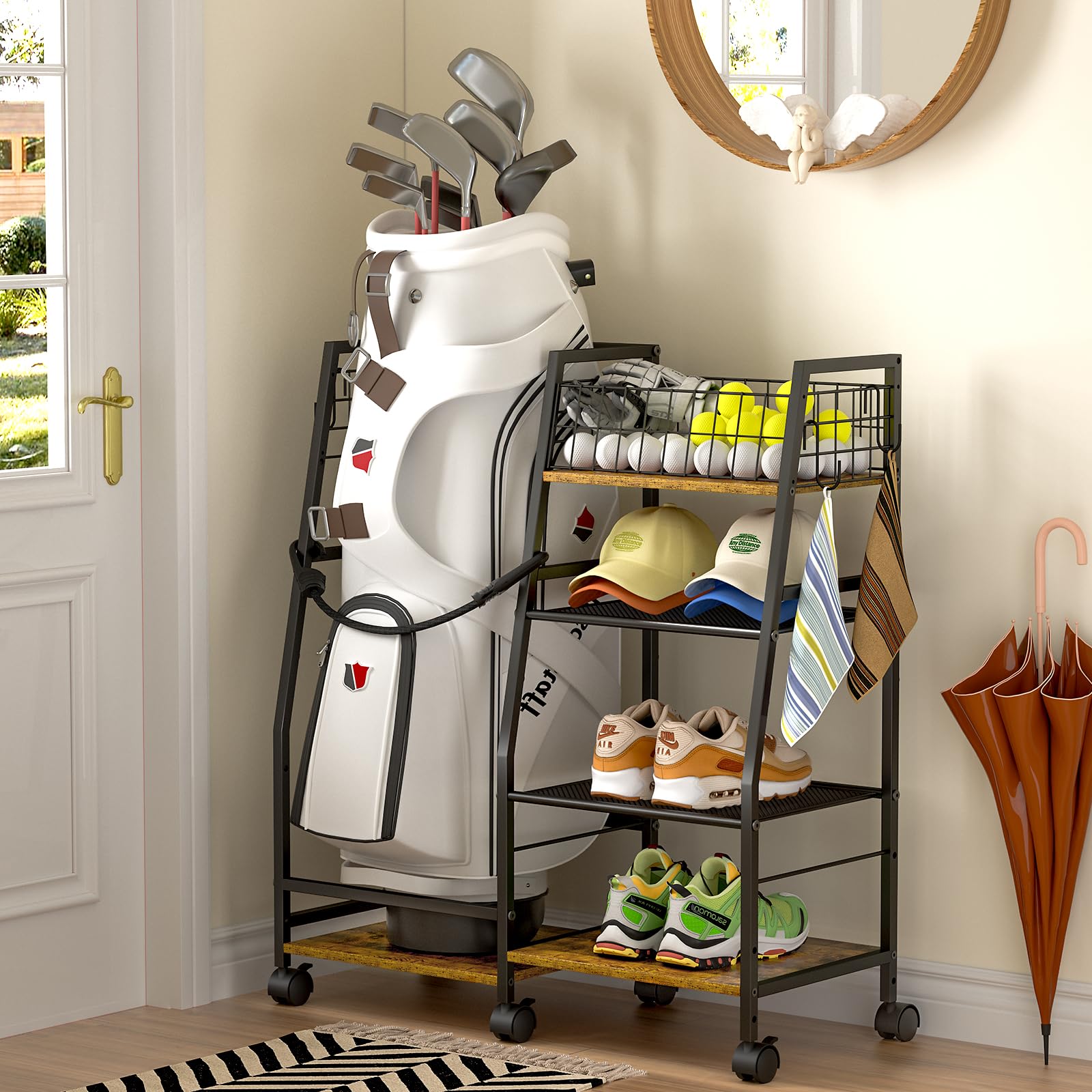 Amazon.co.jp: DAOUTIME ゴルフバッグ ガレージ収納ラック キャスター