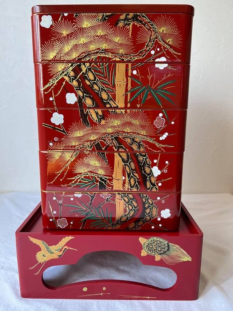 Amazon.co.jp: 会津塗り五段重箱台付き 慶事松竹梅鶴亀柄 : ホーム