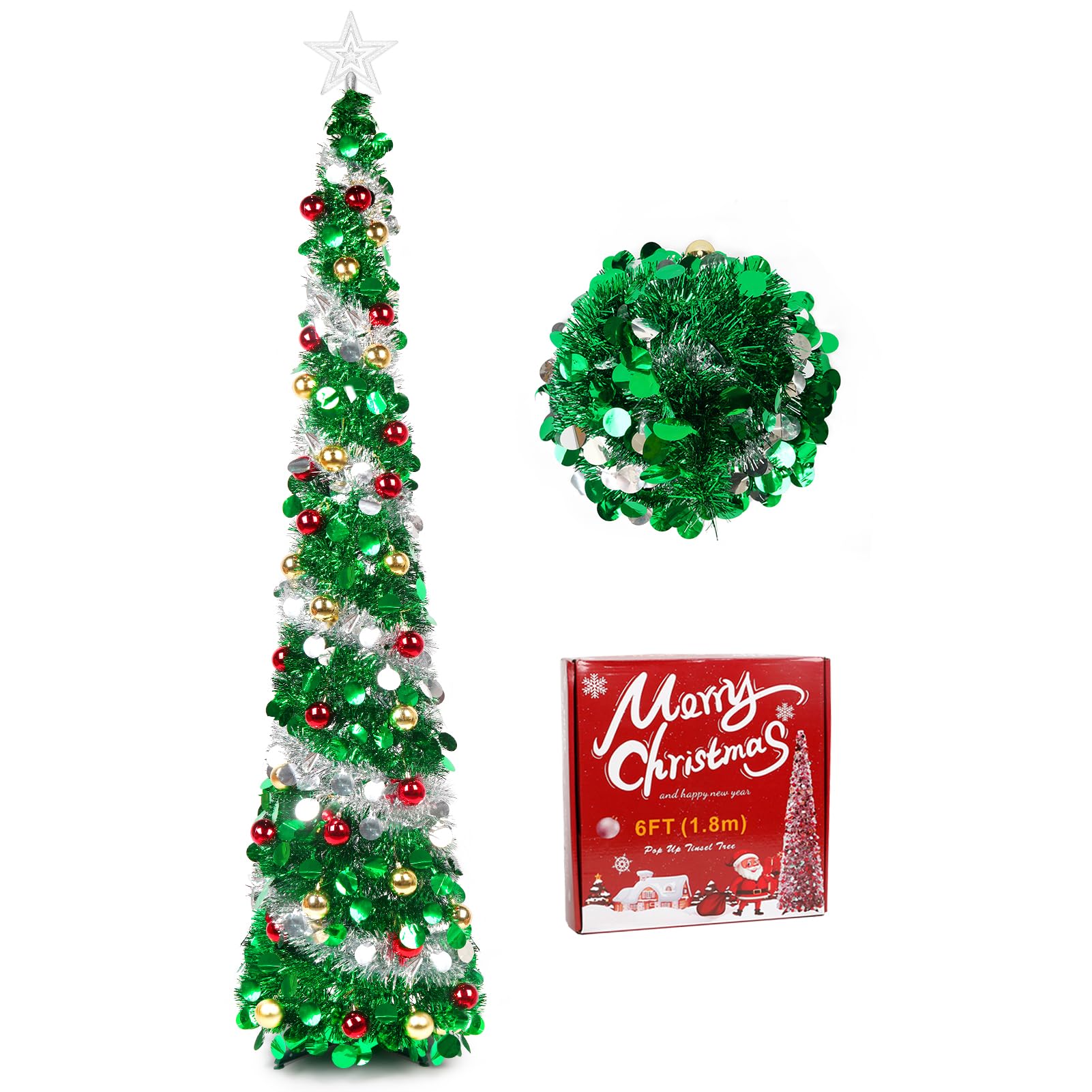 Amazon.co.jp: クリスマスツリー ポップアップ式 180cm トップ星＆飾り