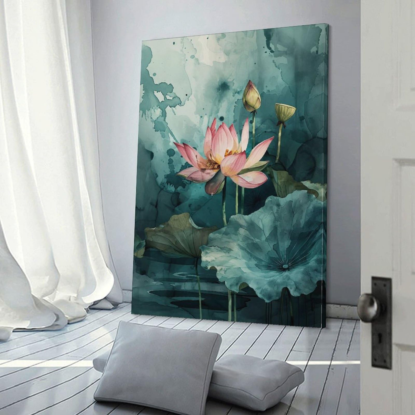 Amazon.co.jp: 絵画 ほっそりと咲く蓮の水墨画インテリア 絵画 魅力的