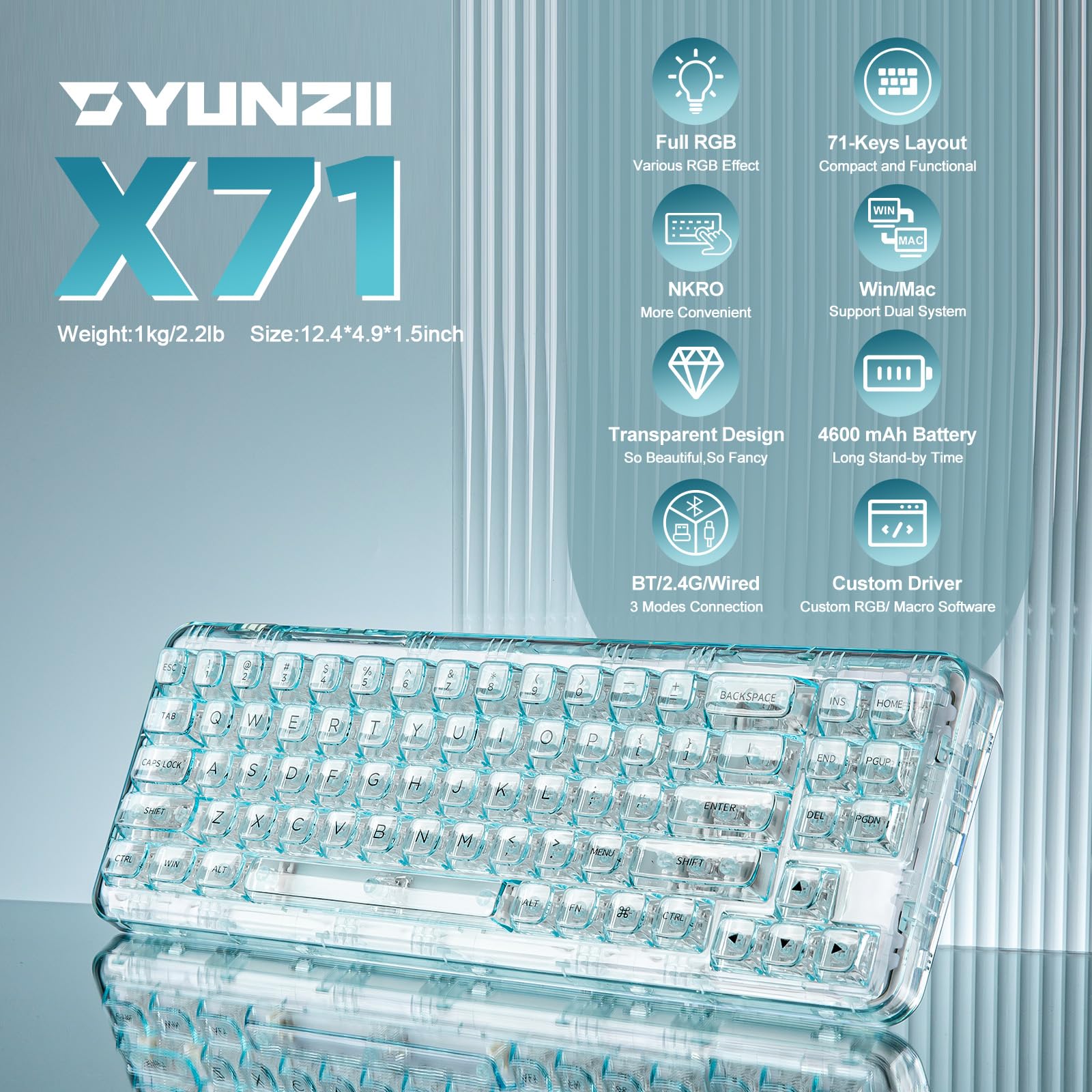 Amazon | YUNZII X71 メカニカルゲーミングキーボード 透明キー