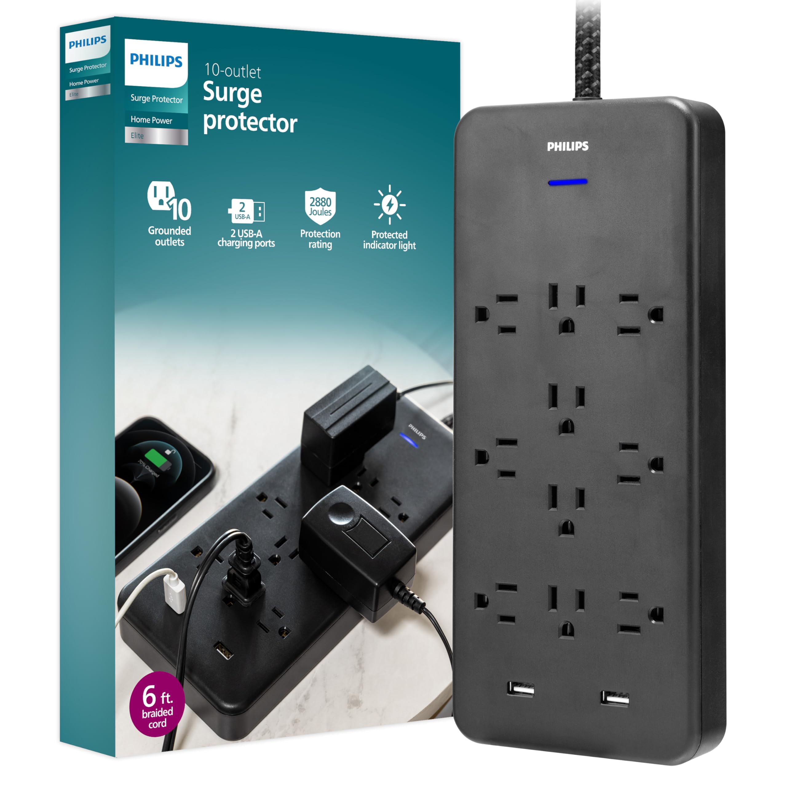 Amazon.com: Philips EZFit 10-Outlet Surge Protector Power Strip, 6