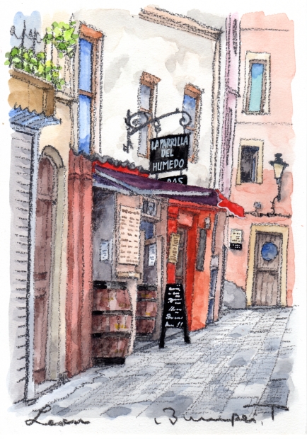 絵画の水彩画で高橋文平が描いたスペインの絵「レオンのバール」をご購入