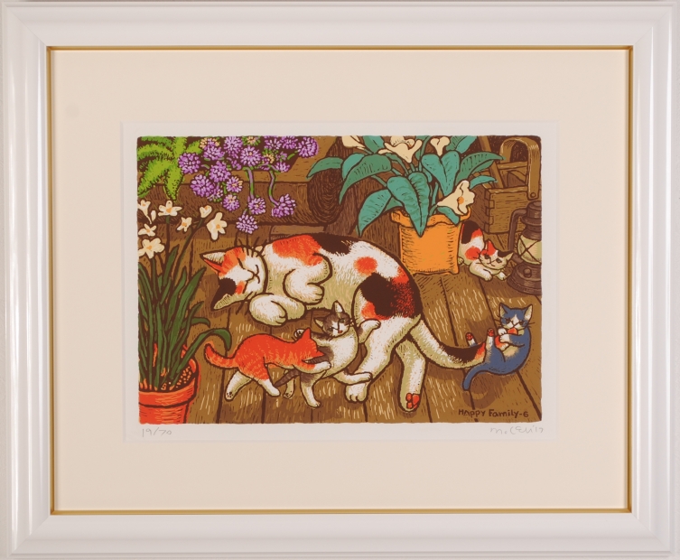 マイケル・ルーのポップアートの猫の絵画「ハッピーファミリー6」を