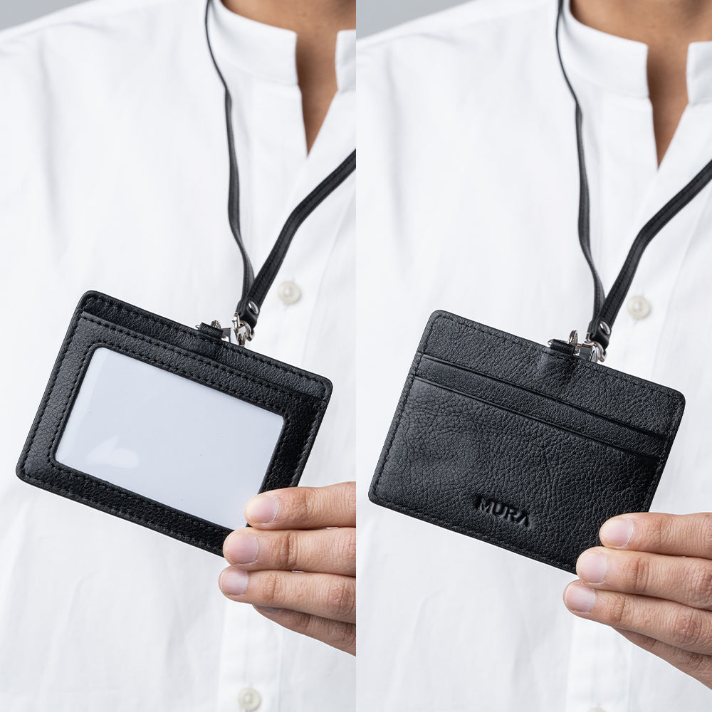 牛本革 ネックストラップ付 伸縮リール IDカードケース – MURA-ムラ