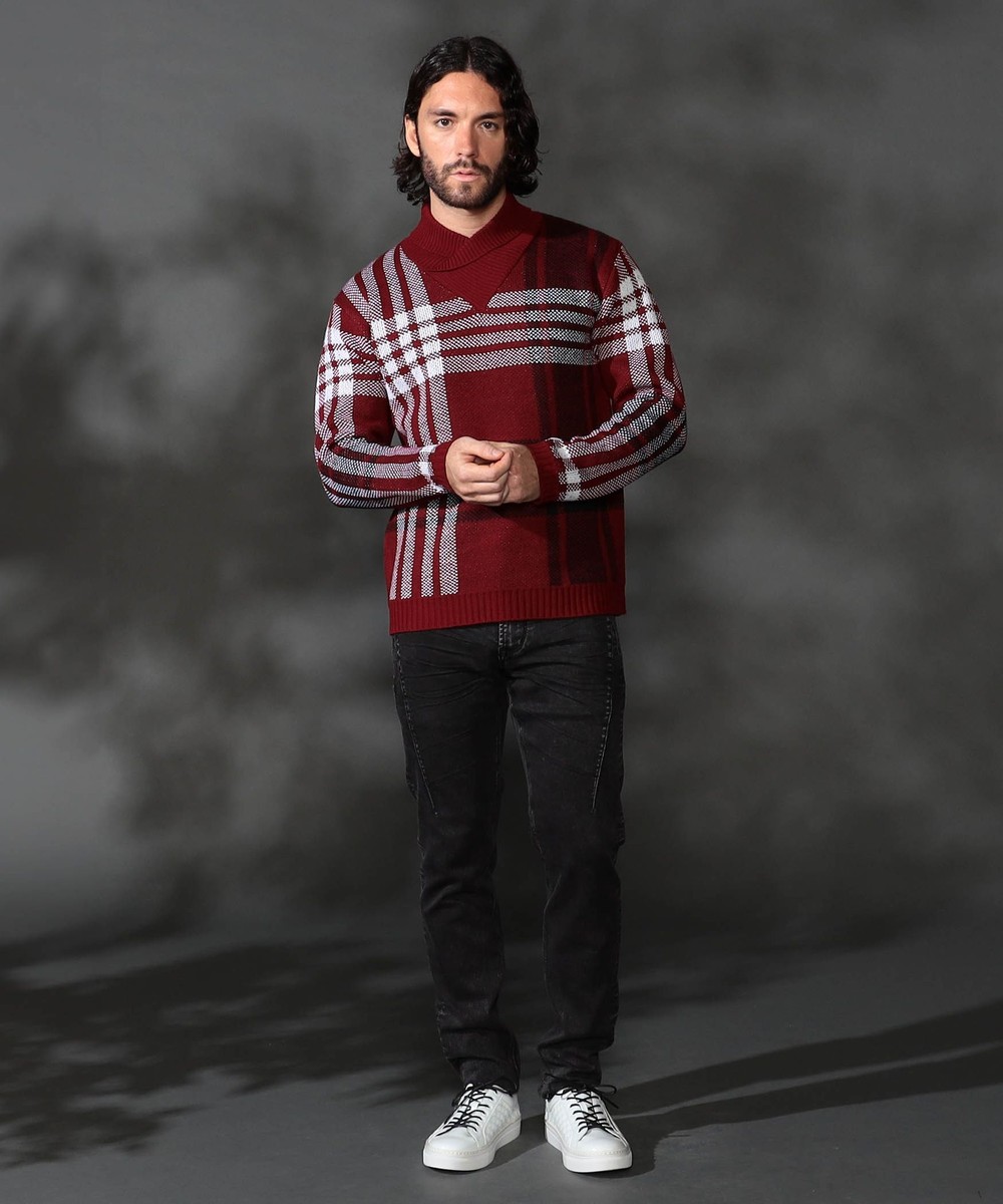 WEB限定】7GG ビッグチェックショールカラーニット｜プルオーバー