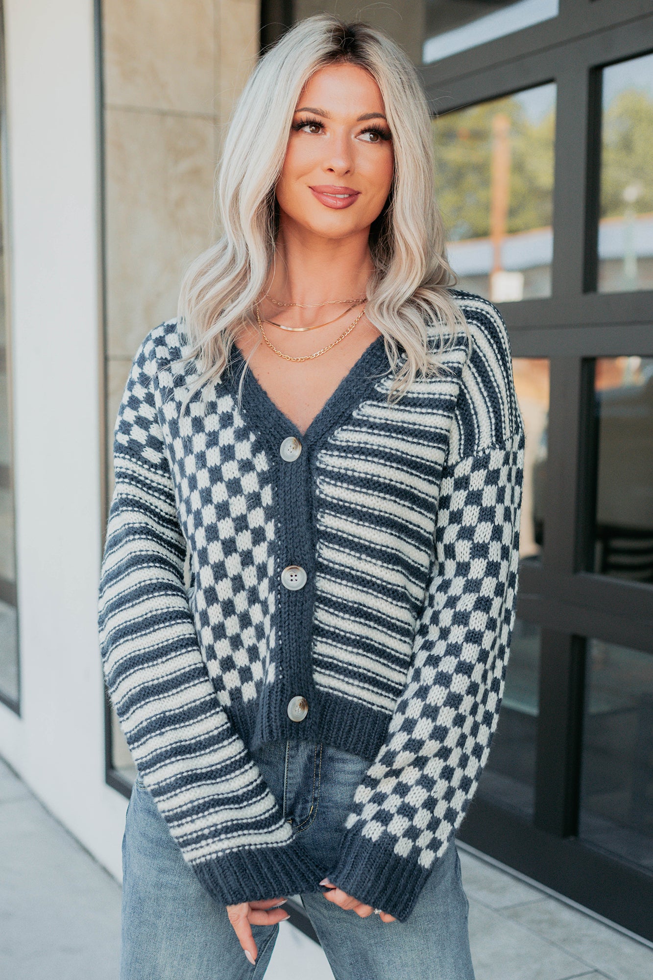 Tucked Away Checkered Stripe Knit Cardigan (Navy/Cream) · NanaMacs