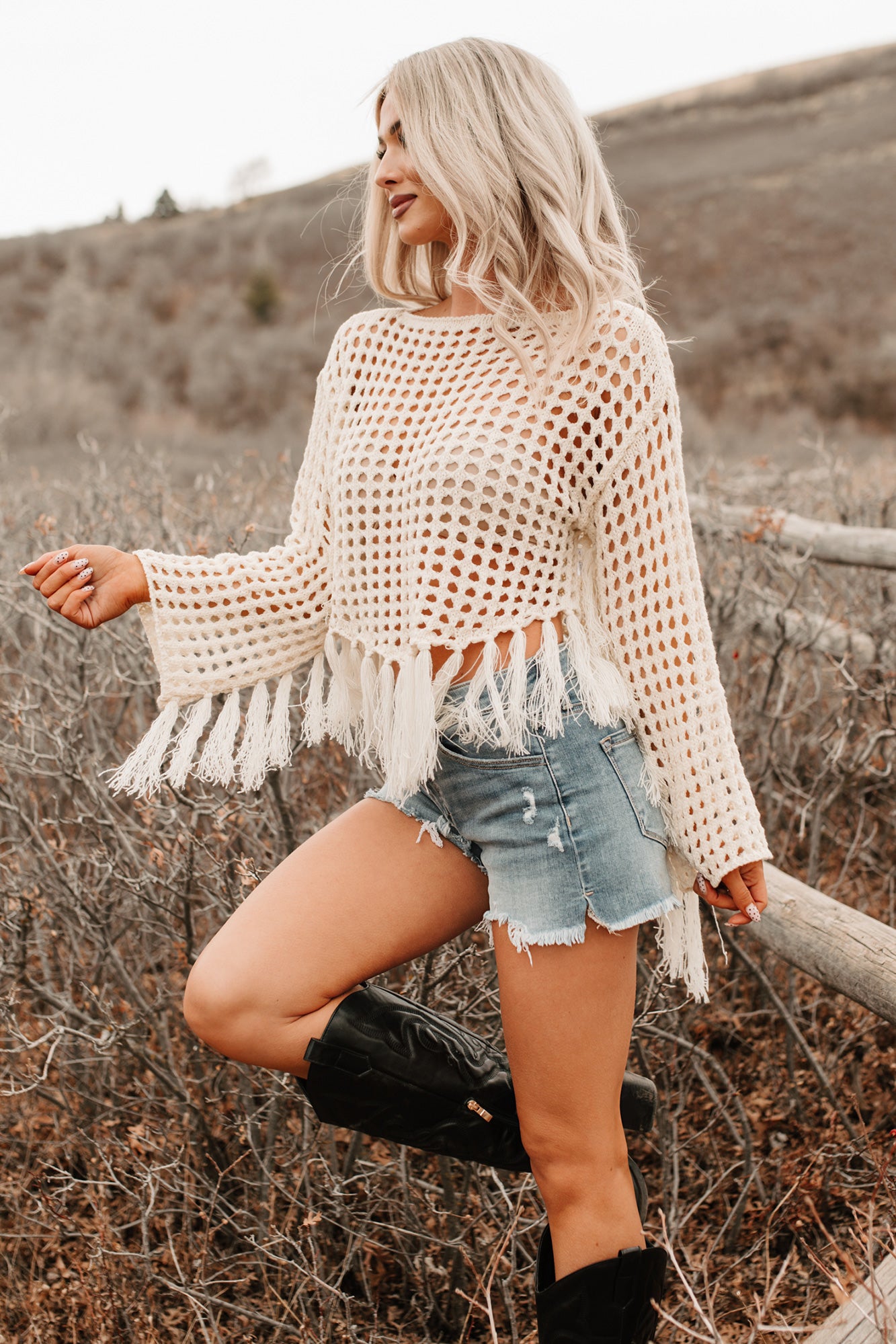 Open Skies Boatneck Crochet Sweater Fringe Top (Cream) · NanaMacs