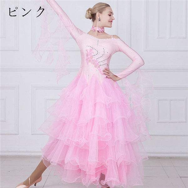 フリル付きピンクドレス社交ダンスドレス新品